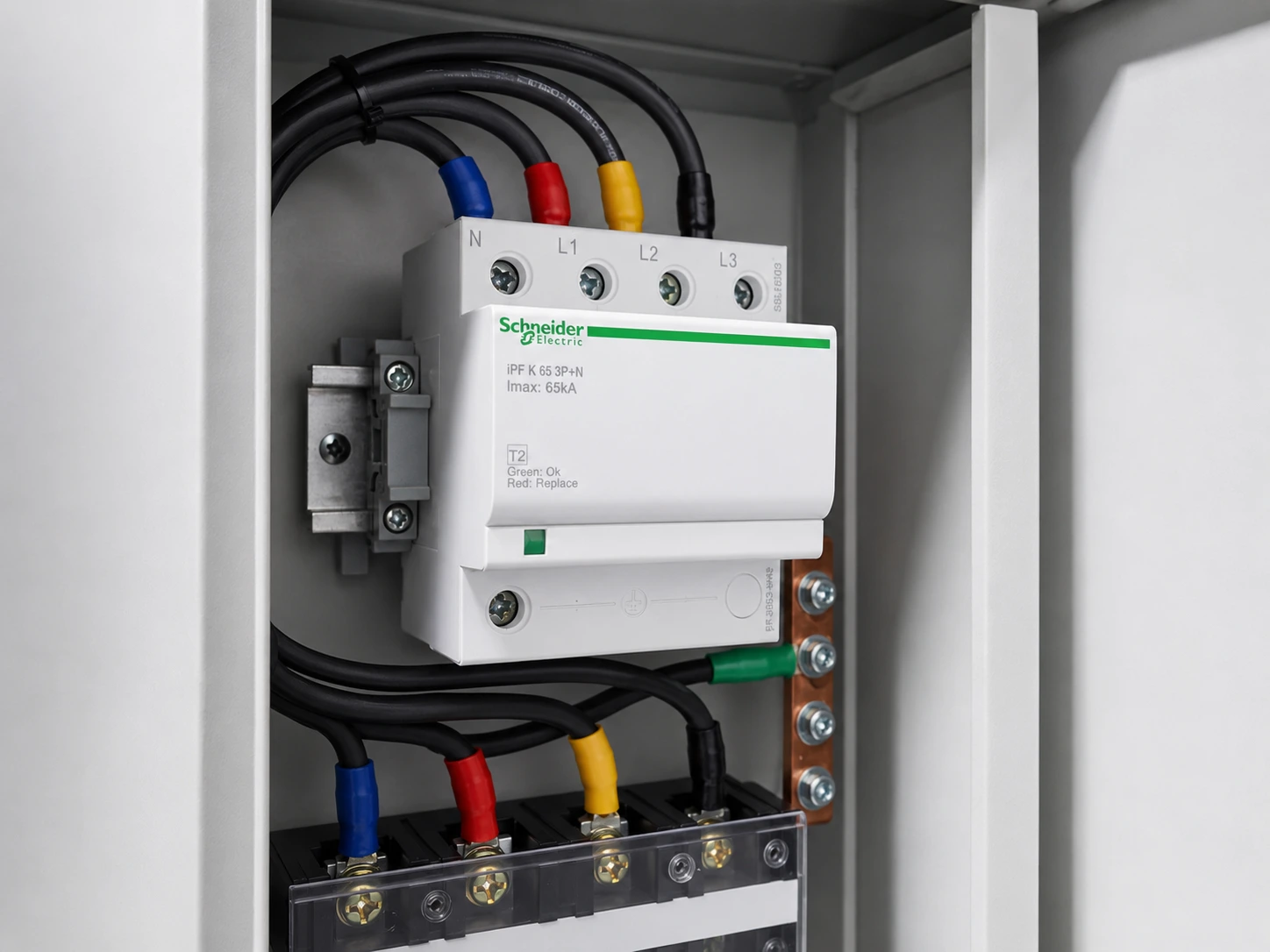 Teknisi memasang surge arrester pada panel listrik